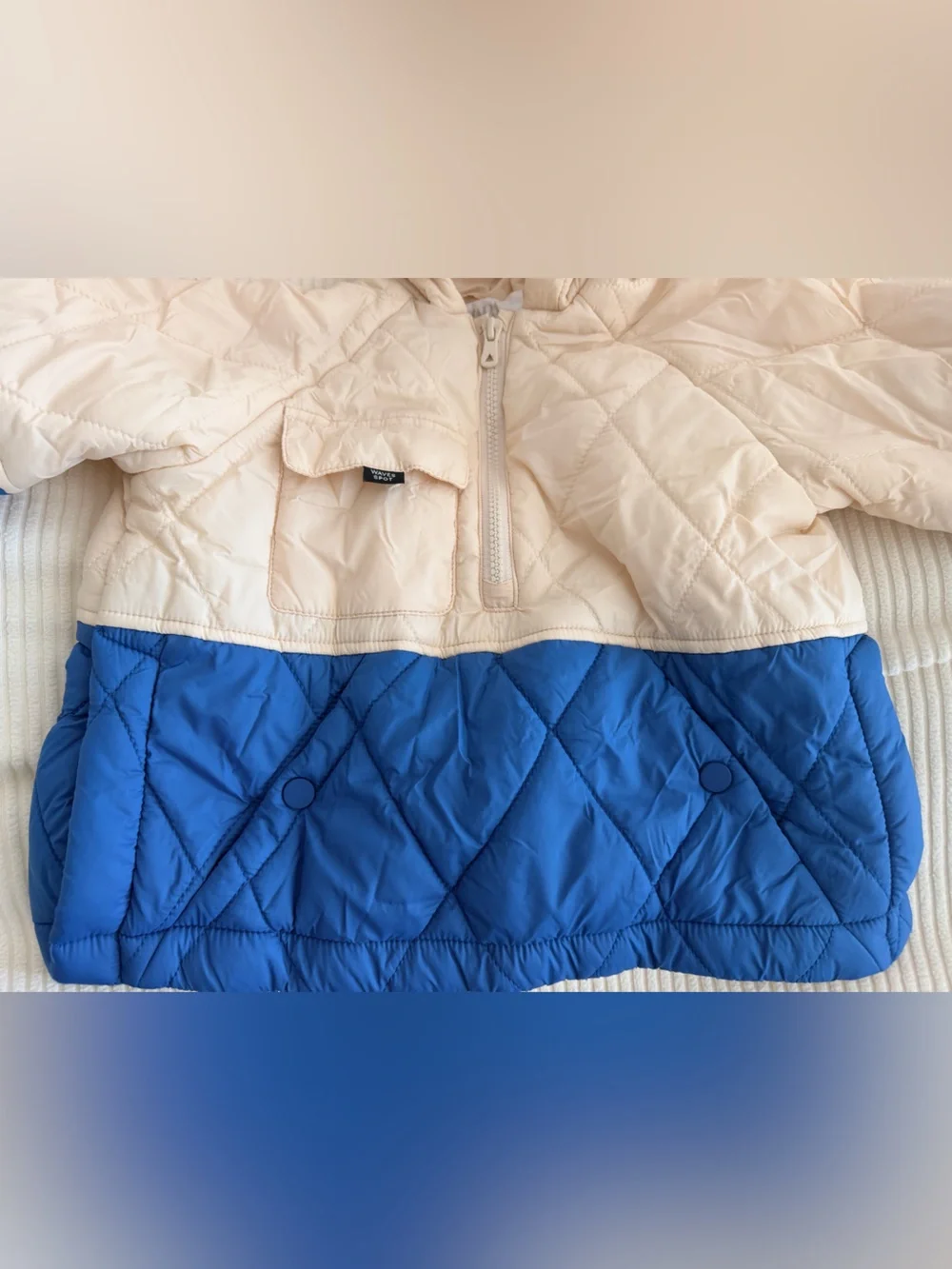 Zara Kids Colorblock Quilted Hooded Jacket in Cream and Blue